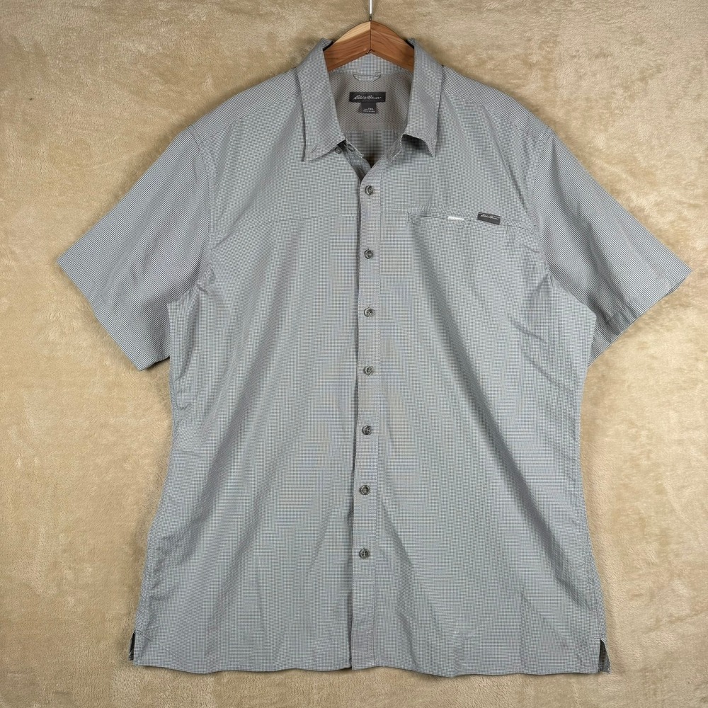 Eddie Bauer Mens TXL Short Sleeve Button Up Lightweight Grey‎ Gingham Hiking